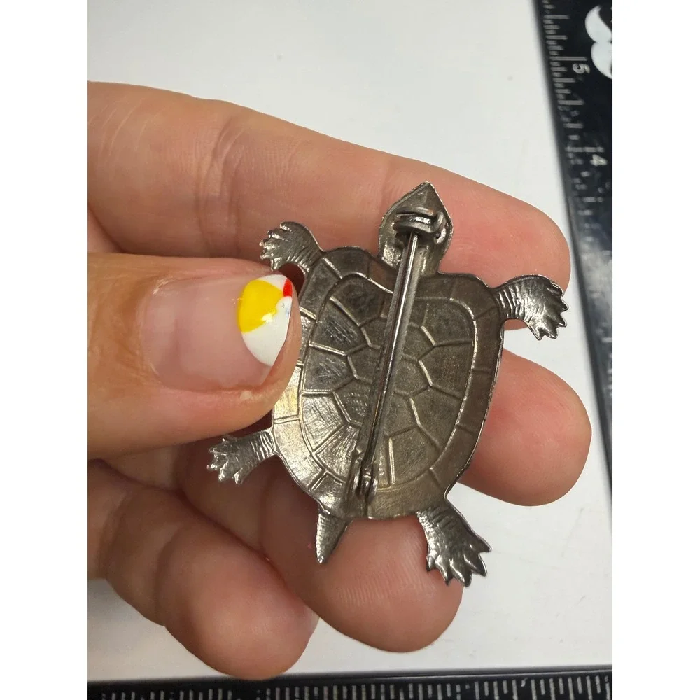 Silver Tone Turtle Brooch Floral Cabochon Animal Pin Blue White Green